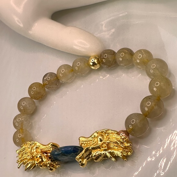 GOLD RUTILATED QUARTZ + SEA JASPER NATURAL STONES BRACELET size 7.5” - Picture 8 of 10